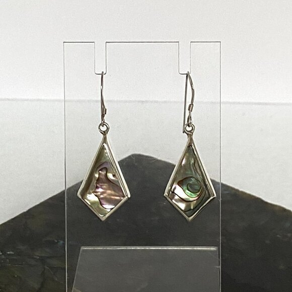 Sterling Silver 925 1.68" Kite Shaped Abalone Shell Inlay Dangle Earrings - Picture 16 of 16